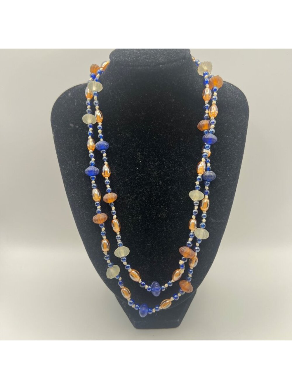 Vintage Hand Knotted Glass Bead Necklace 36" Cobalt Blue Amber Frosted White